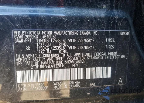 2020 Toyota Rav4 Le z USA, uszkodzony, nr VIN 2T3F1RFV4LW137814